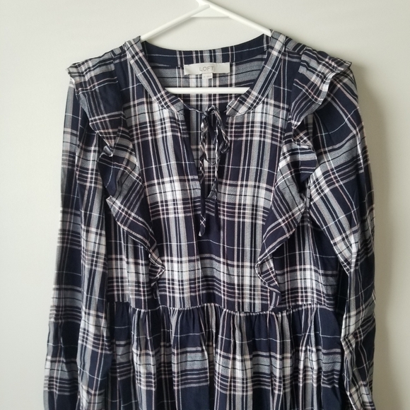 LOFT Plaid Ruffle V Neck Swing Dress Size XS - Picture 7 of 15